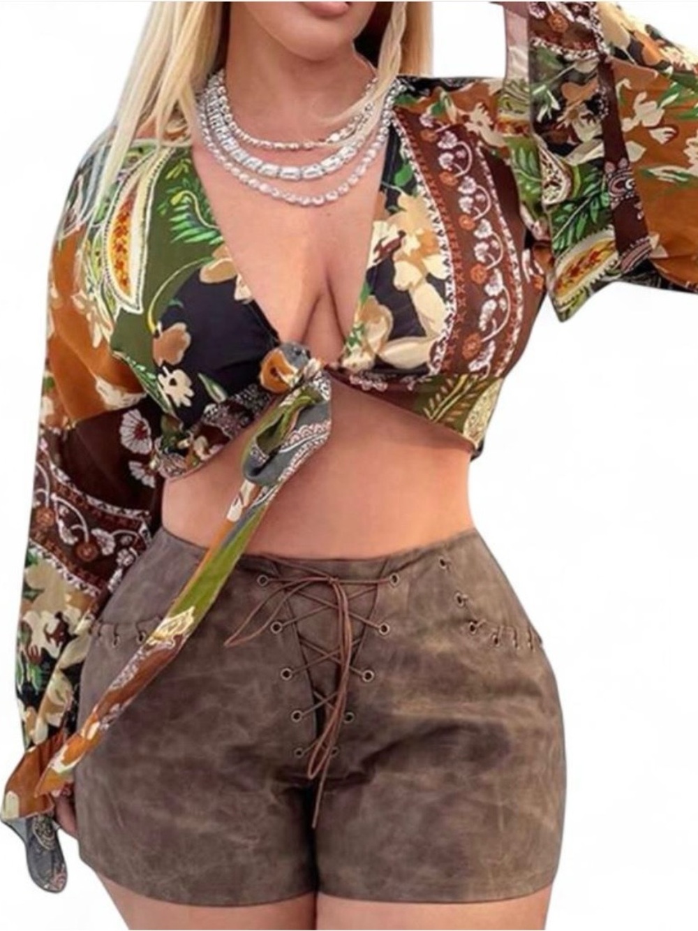 Paisley Tie-Front Crop Top in Green & Brown